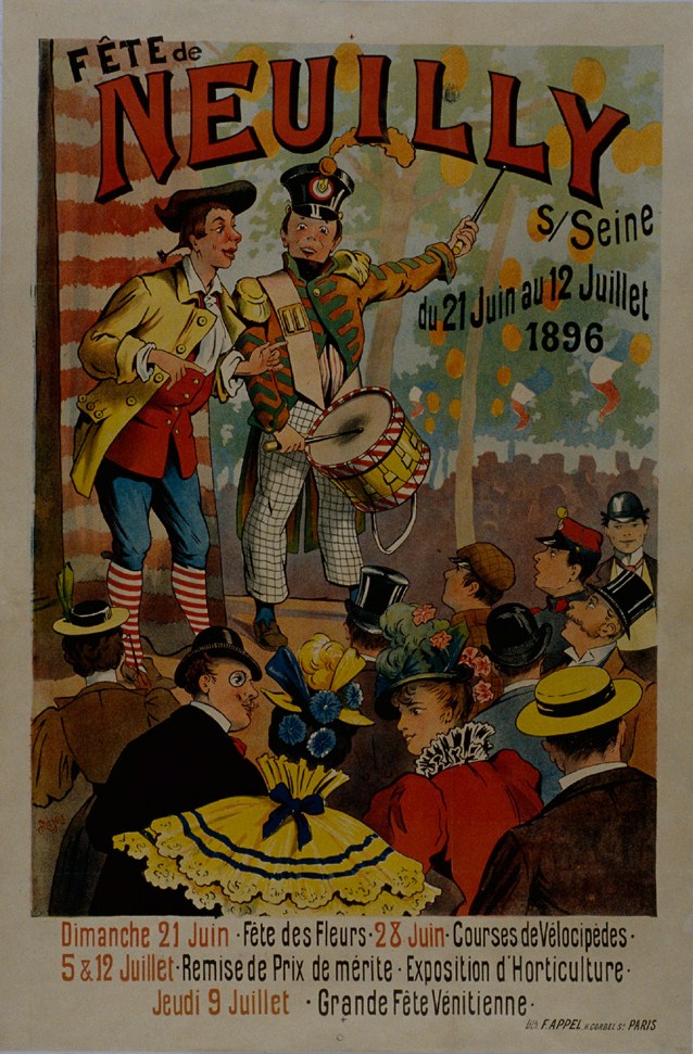 Plakat für einen Karneval in Paris, Frankreich, mit einer Gruppe von Menschen in bunten Kostümen und Hüten, wobei eine Person ein Musikinstrument hält, und wahrscheinlich Werbung für den Karneval.