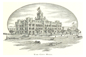 Eine Zeichnung des Rathauses von Philadelphia, ein großes Gebäude mit einem Uhrenturm, umgeben von Bäumen, Menschen und Fahrzeugen auf der Straße, mit Text unten.