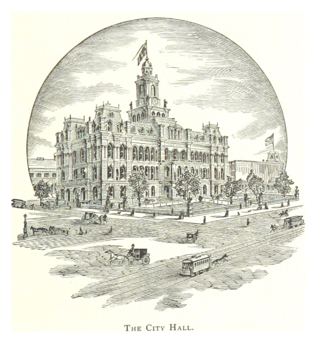 Eine Zeichnung des Rathauses von Philadelphia, ein großes Gebäude mit einem Uhrenturm, umgeben von Bäumen, Menschen und Fahrzeugen auf der Straße, mit Text unten.