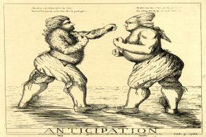 Ein Blatt mit einer Zeichnung von zwei Männern in einer heftigen Diskussion, einer mit einem Arm um die Schulter des anderen, beide mit entschlossenen Gesichtern.