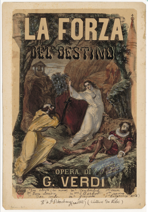 Ein Plakat für die Oper "La Forza del Destino" von G. Verdi, das ein Gemälde mehrerer Personen und Text zeigt.