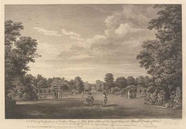 Gartenblick im Ball Hall, Palast des Prinzen von Wales, mit Bäumen, Menschen, einem Wagen, Pflanzen und einem bewölkten Himmel, mit Text unten.