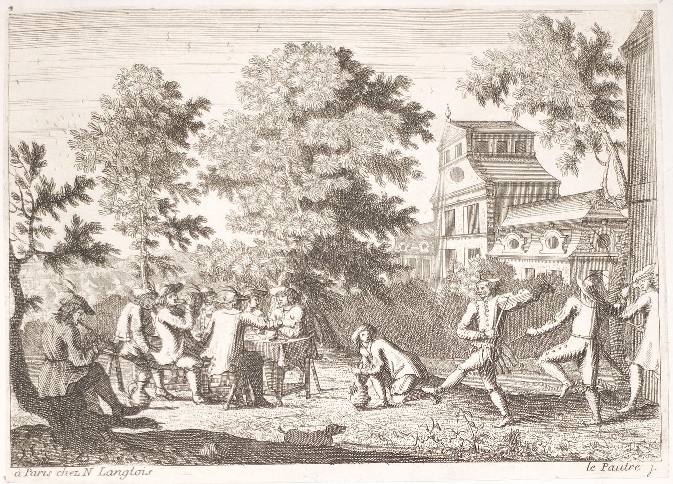 Eine Gruppe von Menschen, die in einem Park ein Spiel spielen, mit Bäumen und einem Gebäude im Hintergrund, mit Text unten.