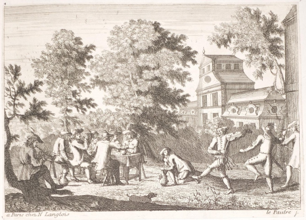 Eine Gruppe von Menschen, die in einem Park ein Spiel spielen, mit Bäumen und einem Gebäude im Hintergrund, mit Text unten.