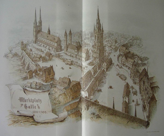 Offenes Buch mit detaillierter Zeichnung des Marktplatzes in Galle, Deutschland, mit umliegenden Gebäuden und sichtbarem Text auf der Seite.