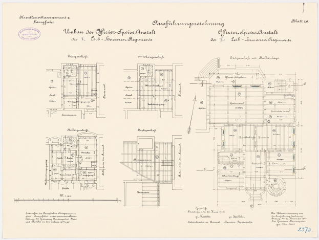 Grundrisszeichnung des ehemaligen Büro des deutschen Bundeskanzlers, detaillierte Gebäudeplanung mit Text und Architekturplänen.