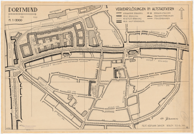 Ein detaillierter alter Stadtplan von Dortmund, Deutschland, der Straßen, Gebäude und Sehenswürdigkeiten mit Textanmerkungen zeigt.