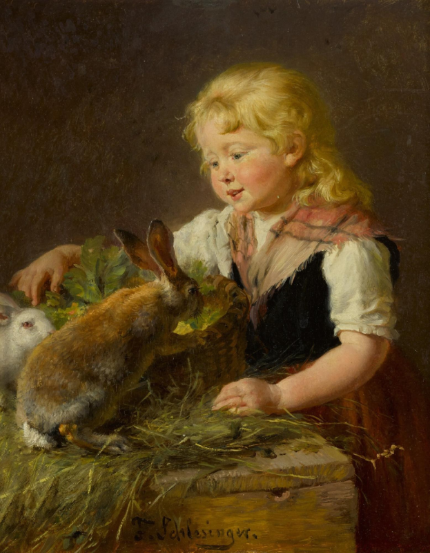 Gemälde mit dem Titel 'Osterhase' von Thomas Schlesinger, das ein kleines Mädchen mit zwei Hasen in einem Korb zeigt, umgeben von grünem Gras und Blättern.