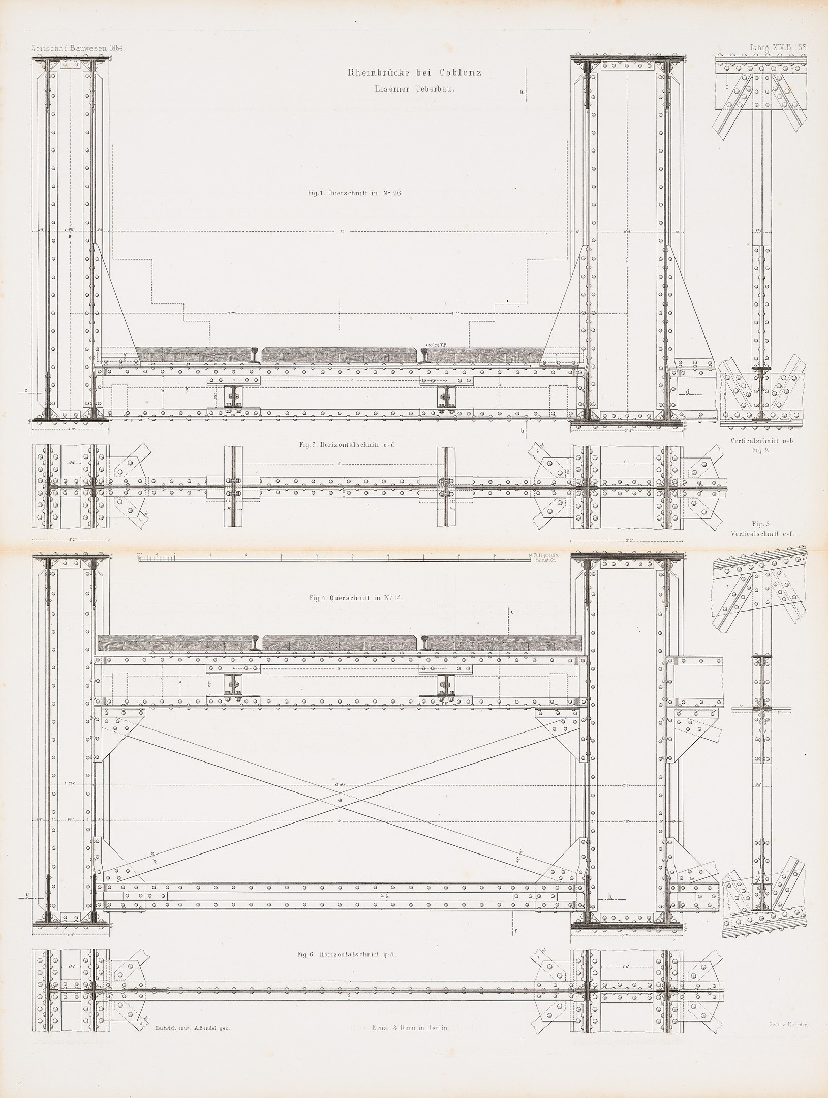 Ausführliches architektonisches Detailbild eines Brückenbauplans aus einem Buch, das strukturelle Komponenten wie Balken und Seile mit begleitendem erklärendem Text zeigt.