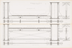 Ausführliches architektonisches Detailbild eines Brückenbauplans aus einem Buch, das strukturelle Komponenten wie Balken und Seile mit begleitendem erklärendem Text zeigt.