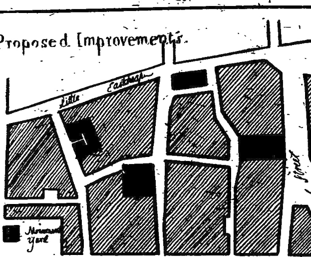 Schwarze und weiße Stadtkarte mit Straßen, Gebäuden und Sehenswürdigkeiten beschriftet "Vorgeschlagene Verbesserungen."
