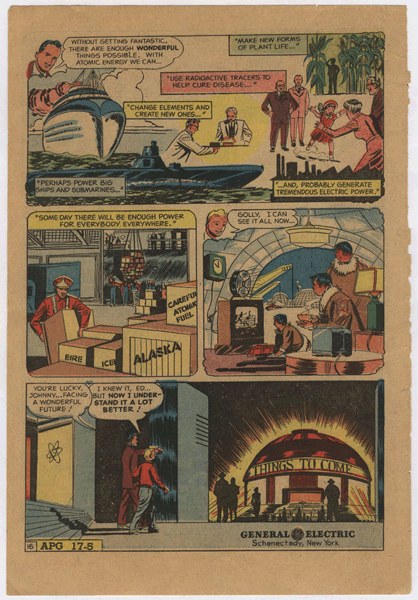 Eine Comic-Seite mit einem Mann in einem blauen Anzug mit weißem Hemd und roter Krawatte und einer Frau in einem weißen Kleid mit blauer Schürze und Schürze, vor einem hellblauen Himmel mit weißen Wolken.